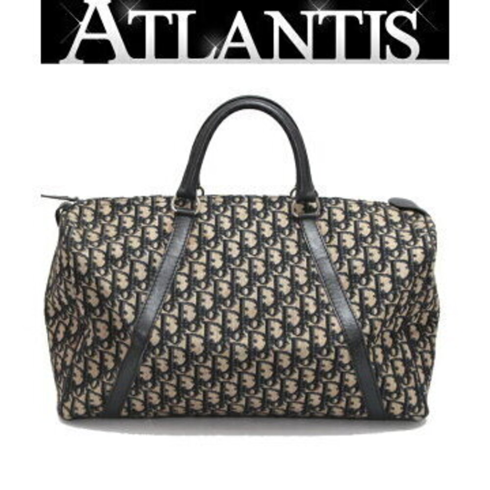 Christian Dior Trotter Boston Bag Canvas Leather Navy Blue